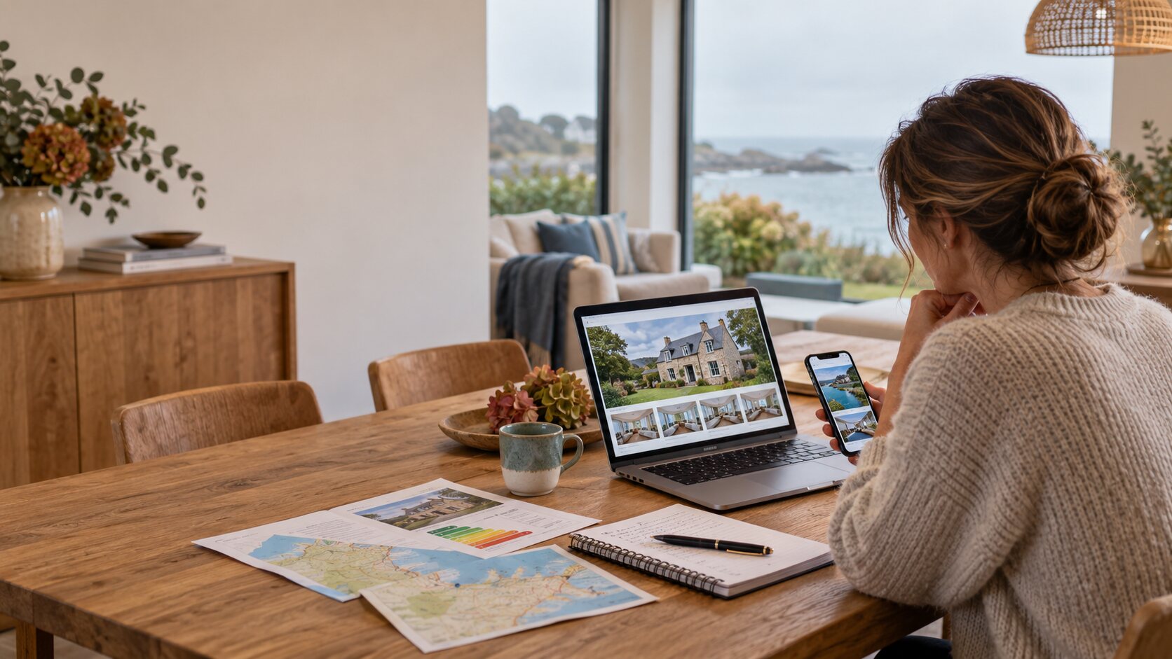 Personne consultant des annonces immobilières avant une visite sur la Côte de Granit Rose